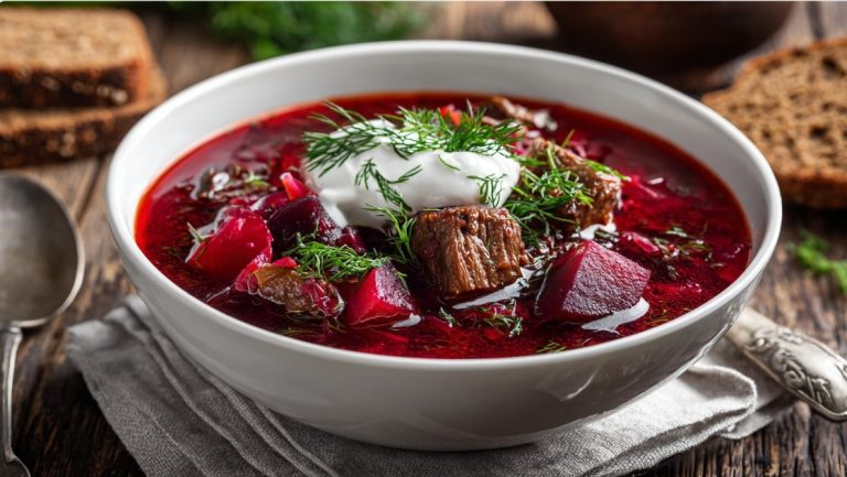 Борщ український з м’ясом та грибами — Перші страви