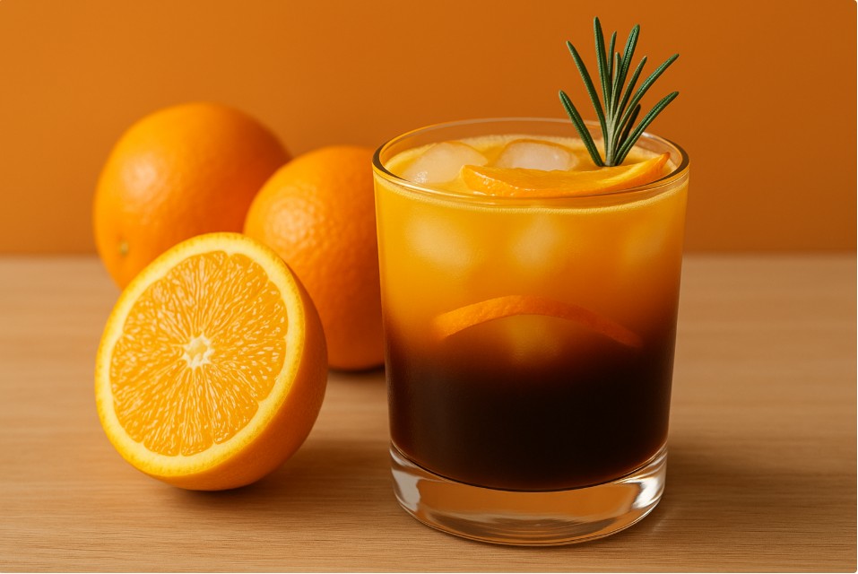 Капуоранж у склянці з льодом поруч із свіжими апельсинами