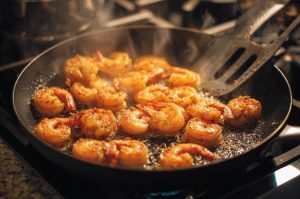 Креветки обсмажуються в часниковому соусі на сковороді за рецептом.