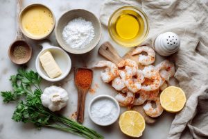 Підготовлені продукти для рецепту креветок у часниковому соусі на кухонному столі.