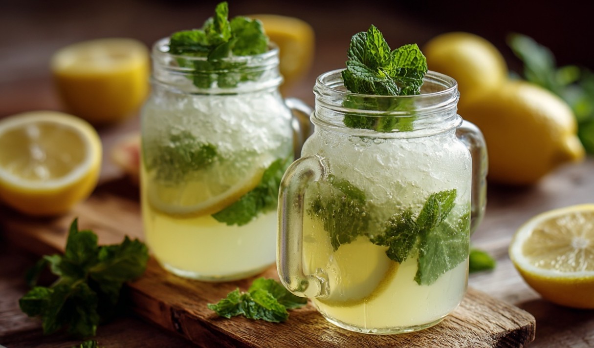 Холодний лимонад з м’ятою у стильних банках, приготовлений за рецептом.