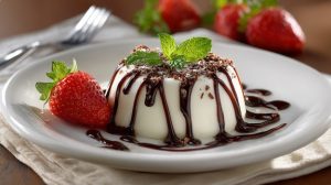 Пана-кота з шоколадним соусом, тертим шоколадом і полуницею