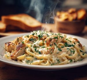 Гаряча паста Альфредо з куркою та зеленню у вершковому соусі.