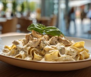 Паста Альфредо рецепт у сучасній подачі з куркою та вершками.