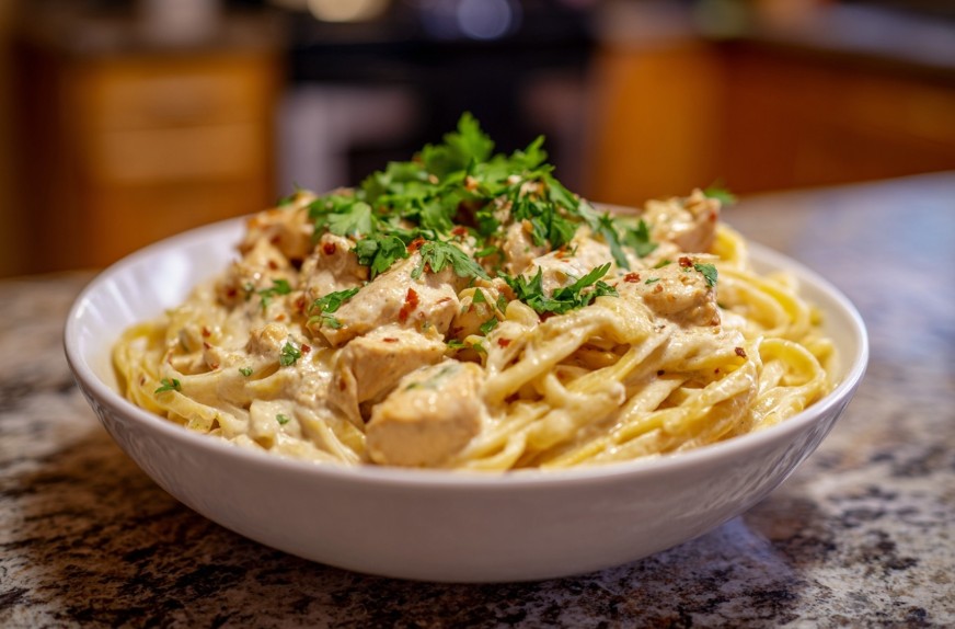 Паста Альфредо рецепт з куркою, петрушкою та вершковим соусом.