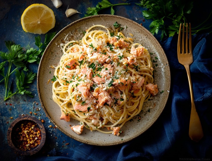 Спагеті з лососем та зеленню — рецепт пасти у вершковому стилі.