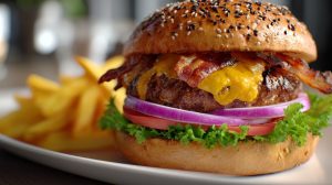 Соковитий чізбургер з беконом, сиром чедер та овочами на тарілці з картоплею фрі