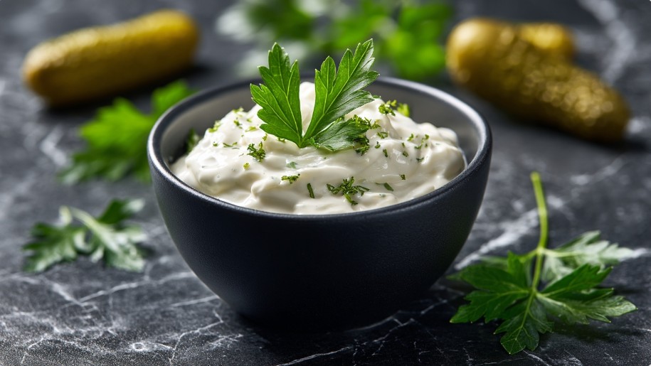 Соус тартар рецепт у чорній піалі з листочком петрушки.