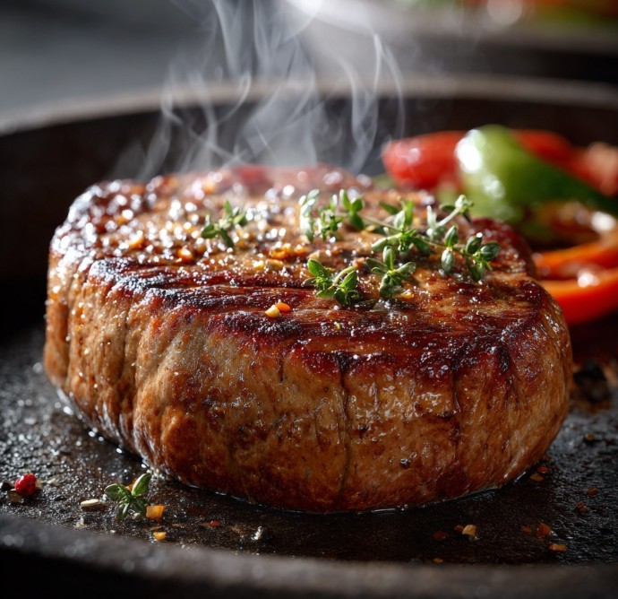 Гарячий стейк яловичий, приготований за рецептом і поданий із зеленню.