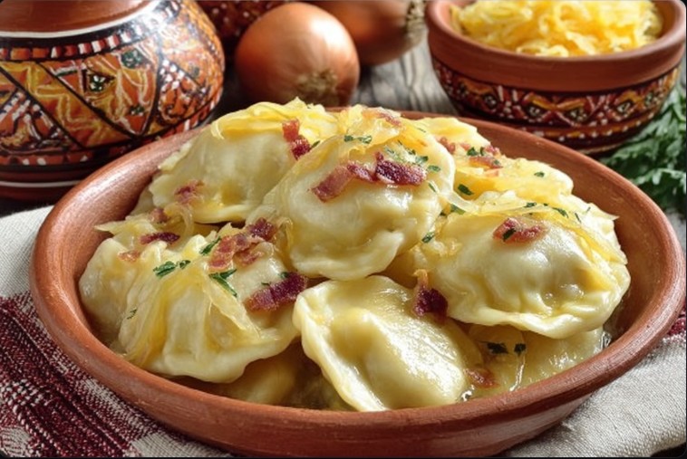 Вареники з капустою рецепт у глиняній мисці зі смаженою цибулею та шкварками.
