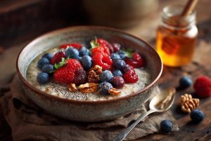 Тепла вівсяна каша з ягодами та ложечкою меду — корисний рецепт для щоденного сніданку.