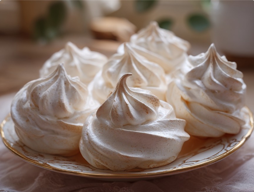 Біло-рожеве безе на тарілці, ніжний десерт із яєчних білків.