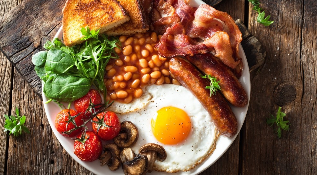 Англійський сніданок з обсмаженими сосисками та беконом