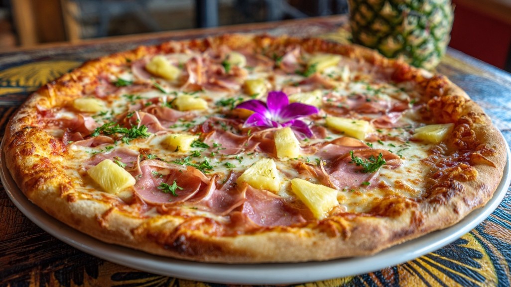 Класична гавайська піца з ананасом та шинкою на тарілці.