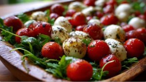 Салат з руколою, помідорами чері та кульками моцарели.